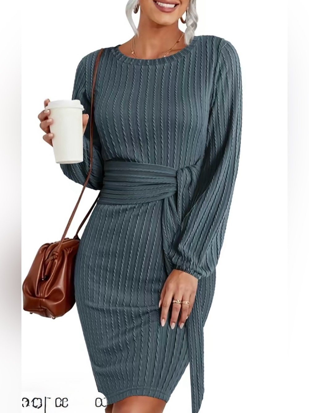 Knit Bodycon Sweater Dress with Lantern Sleeve and Tie Waist - size XL *NWOT